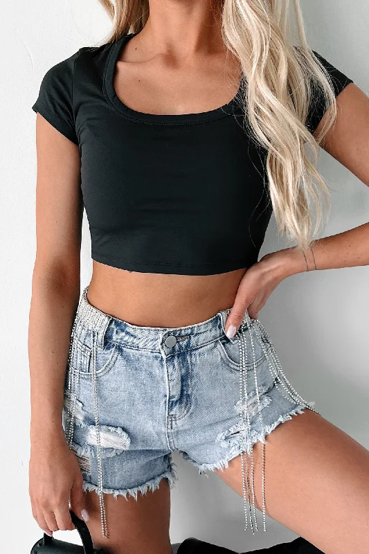 Gym Dates Short Sleeve Scoop Neck Crop Top (Black)