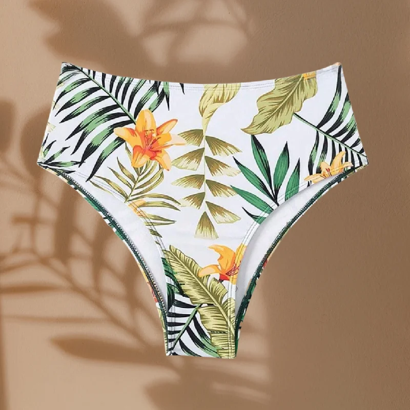 White Tropical Mid Waist Bikini Bottom