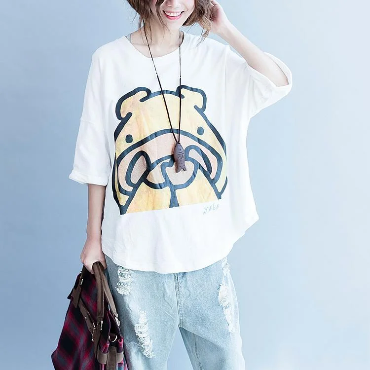 Summer White Print T-Shirt The Shy Hippo Oversize Blouses Women Cotton Tops