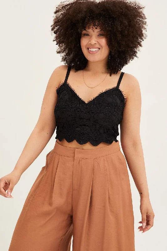 Black Crop Singlet Top Crochet Lace