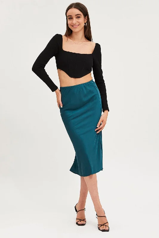 Blue Slip Skirt Midi Satin