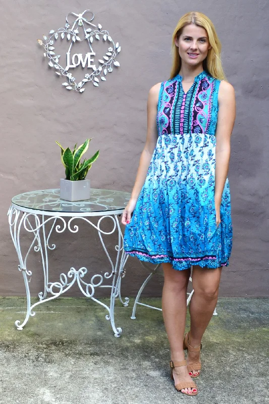 Blue Turkish Delight Chinese Collar Tunic Dress