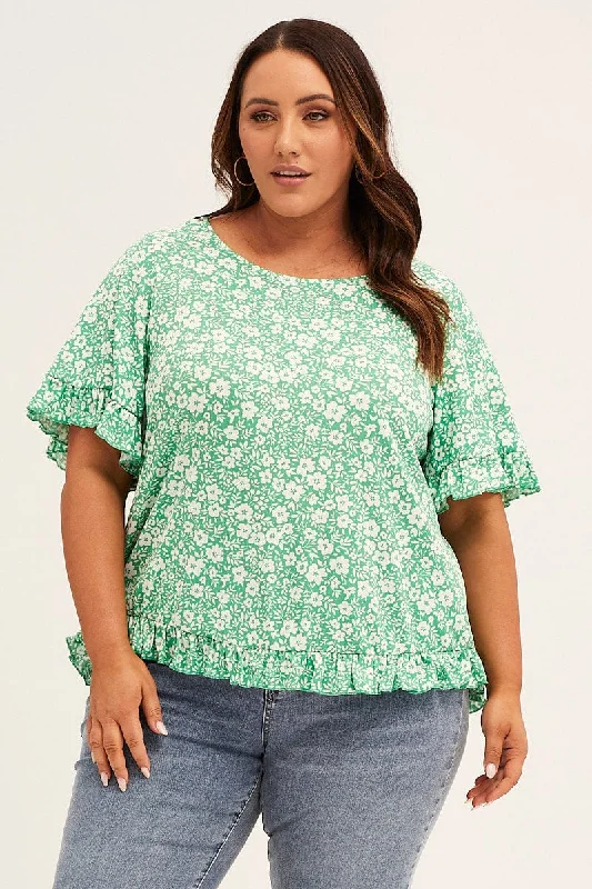 Floral Print Crew Neck Short Sleeve Ruffle Detail Top