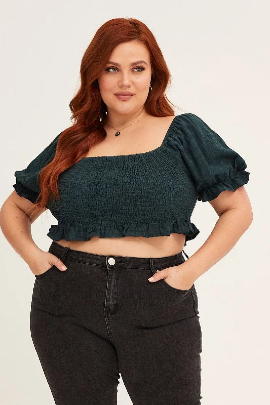 Green Short Sleeve Shirred Crop Top