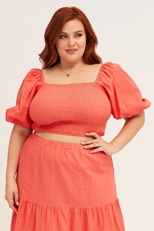 Orange Orange Linen Blend Shirred Semi Crop Top