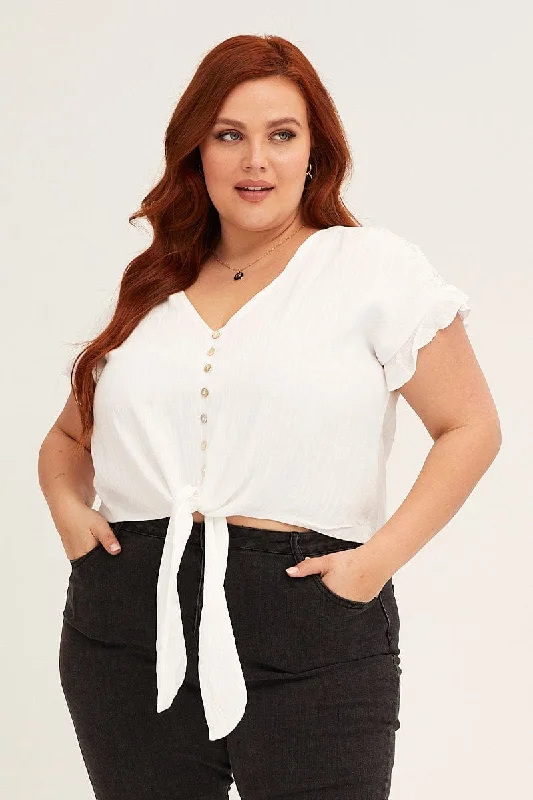 White Short Sleeve Tie Front Button Top