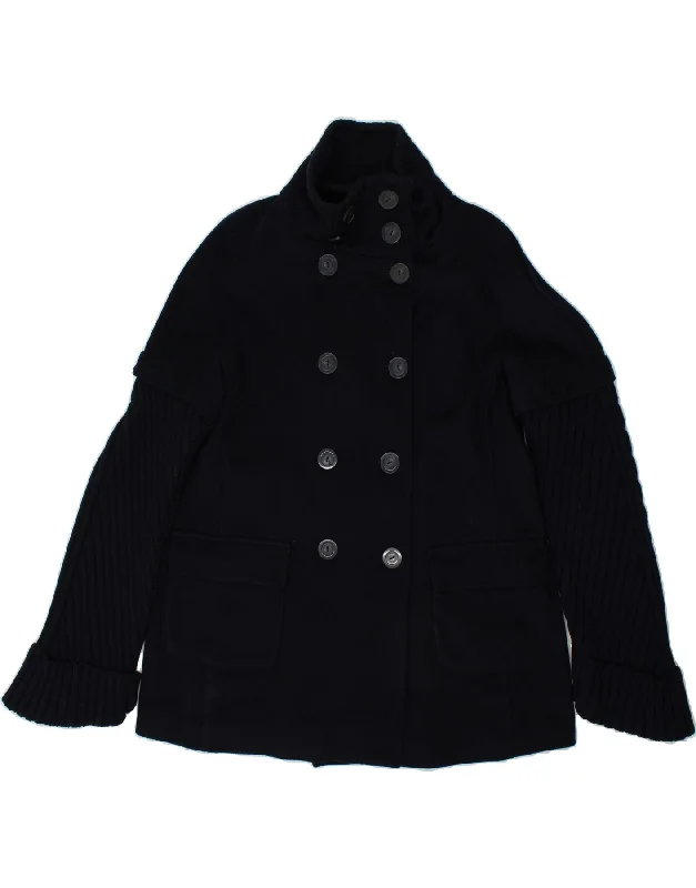 LES COPAINS Womens Double Breasted Coat IT 48 XL Navy Blue Virgin Wool