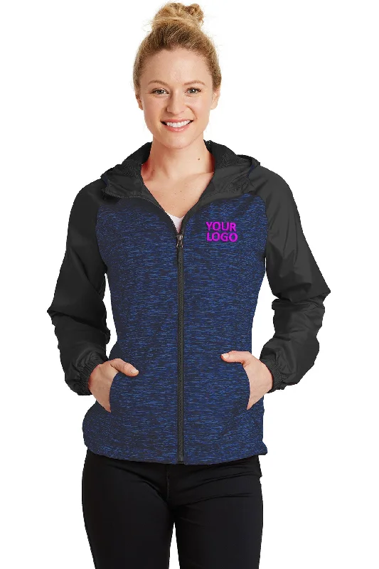 Sport-Tek Ladies Heather Colorblock Customized Raglan Hooded Wind Jackets, True Royal Heather/ Black