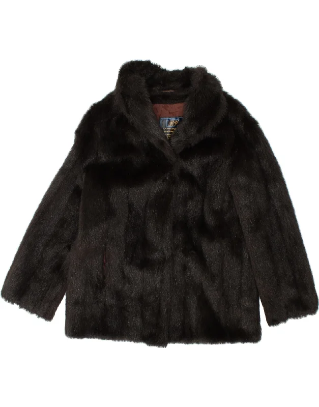 VINTAGE Womens Faux Fur Coat UK 10 Small Black Modacryl