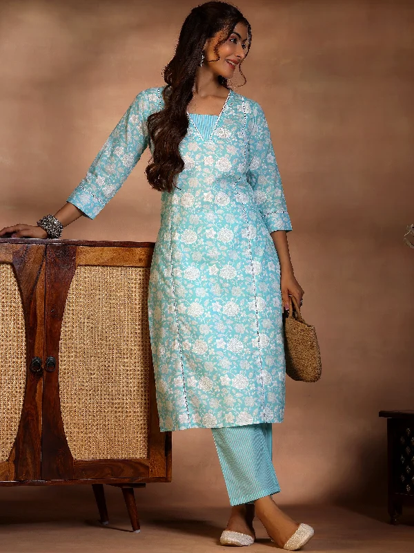 Blue Printed Cotton Straight Suit With Dupatta