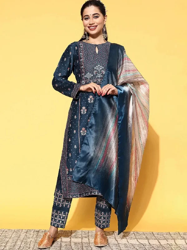 Blue Printed Silk Blend Straight Kurta With Dupatta