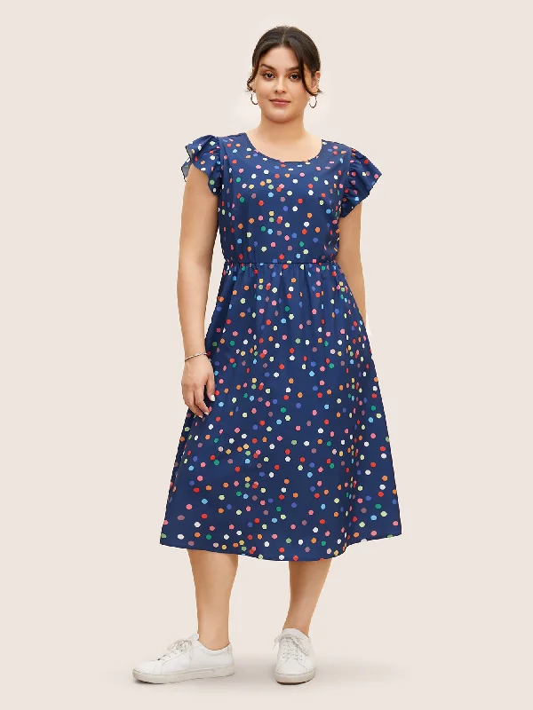 Colored Polka Dot Tie Knot Ruffle Cap Sleeve Dress