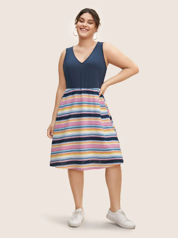 Contrast Striped Patchwork Sleeveless Knit Dress