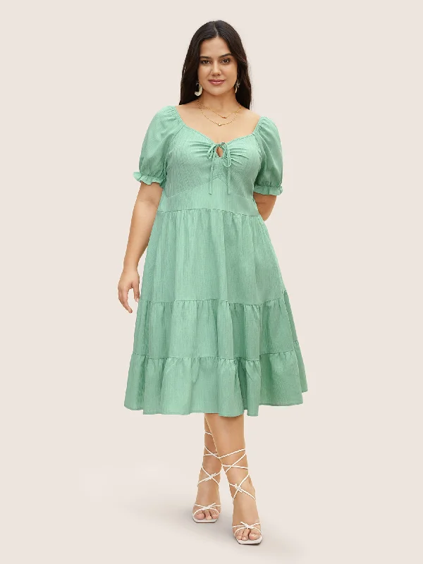 Heart Neckline Drawstring Ruffle Layered Hem Dress