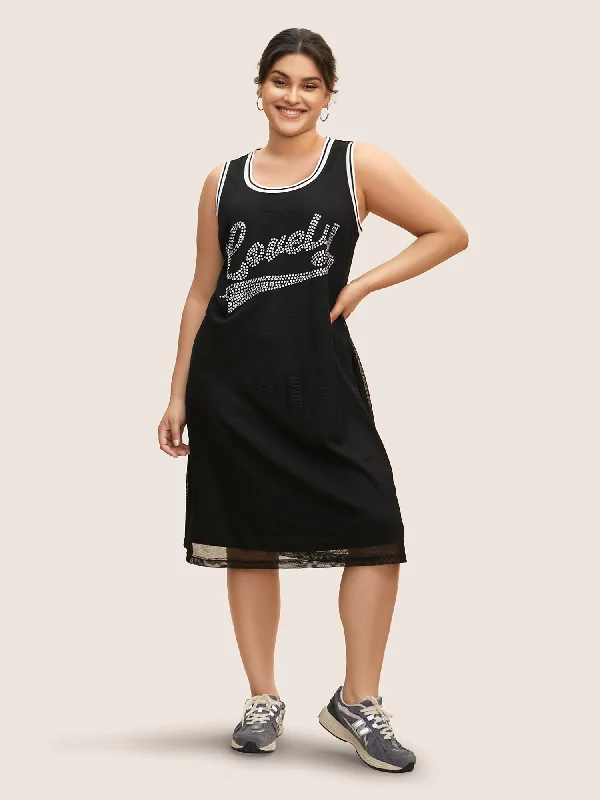 Letter Rhinestone Mesh Patchwork Sleeveless Dress