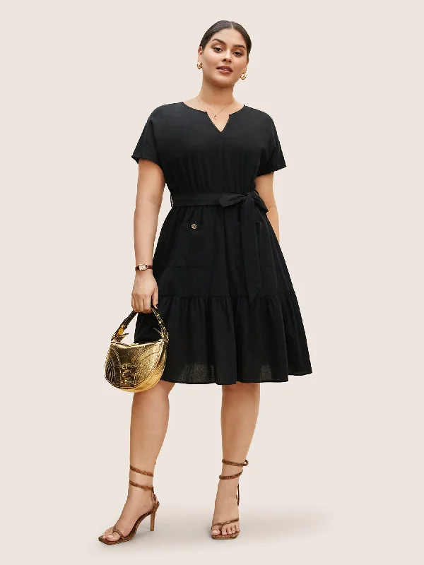 Solid Patched Pocket Belted Batwing Sleeve Dress