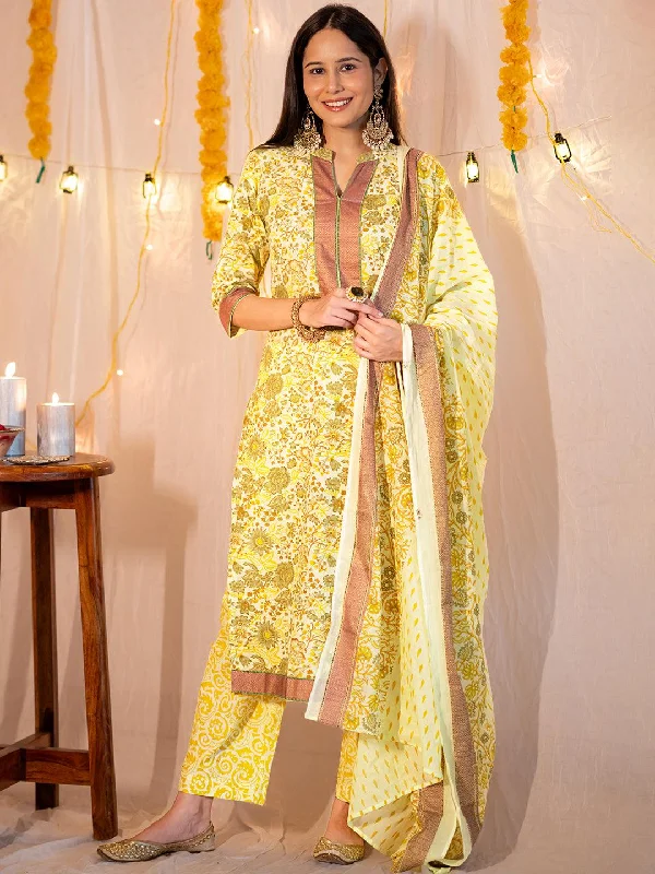 Yellow Printed Cotton Straight Suit With Dupatta