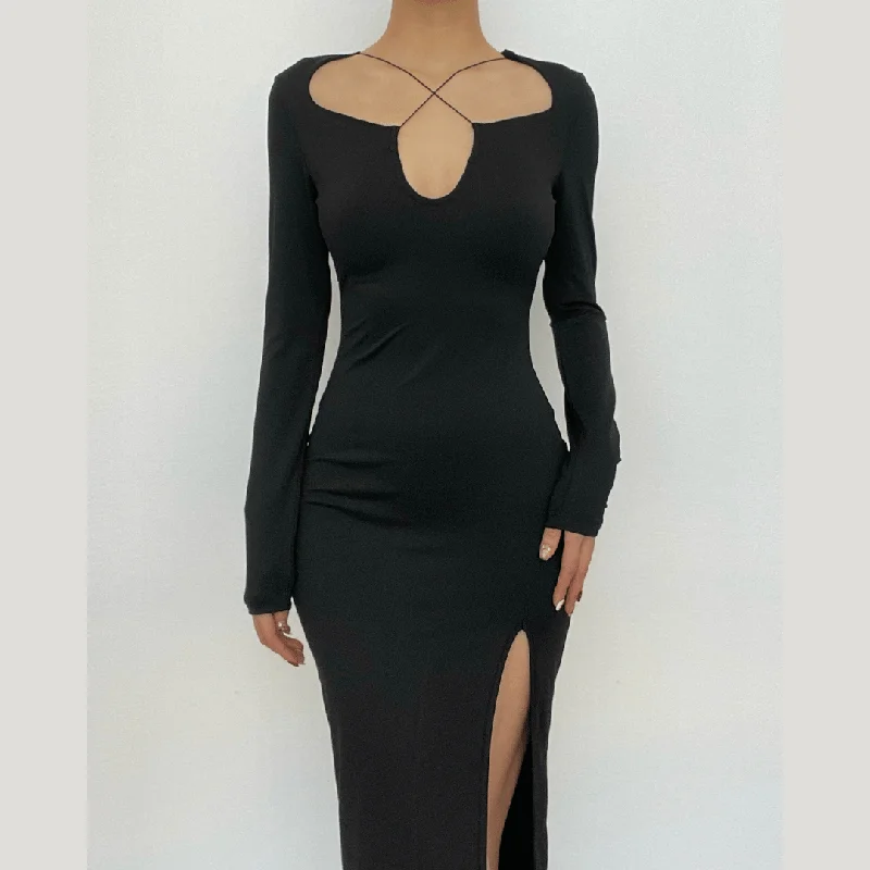 BerryBetty - Cross front long sleeve slit notch neck solid midi dress