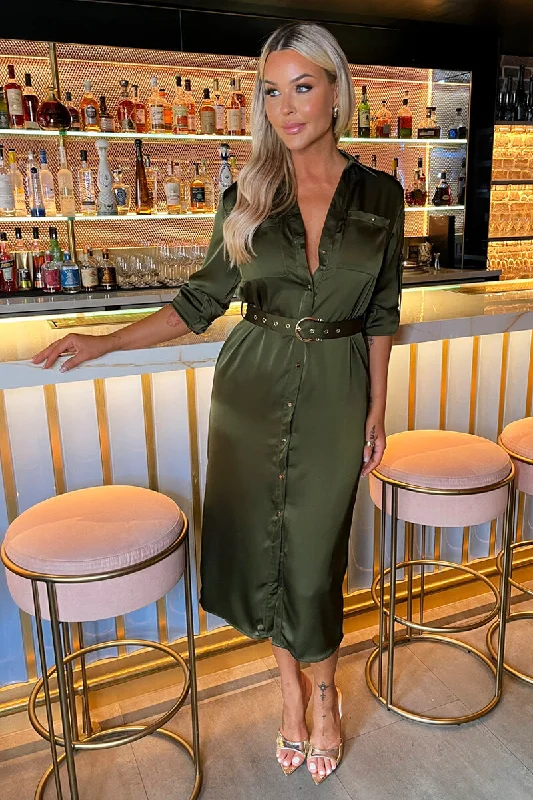 Olive Satin Belted 3/4 Sleeve Gold Buttons Shirt Midi Dress