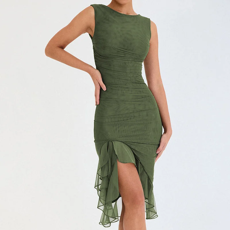 BerryBetty - Ruched Crew Neck Sleeveless Bodycon Ruffle Cocktail Midi Dress - Army Green