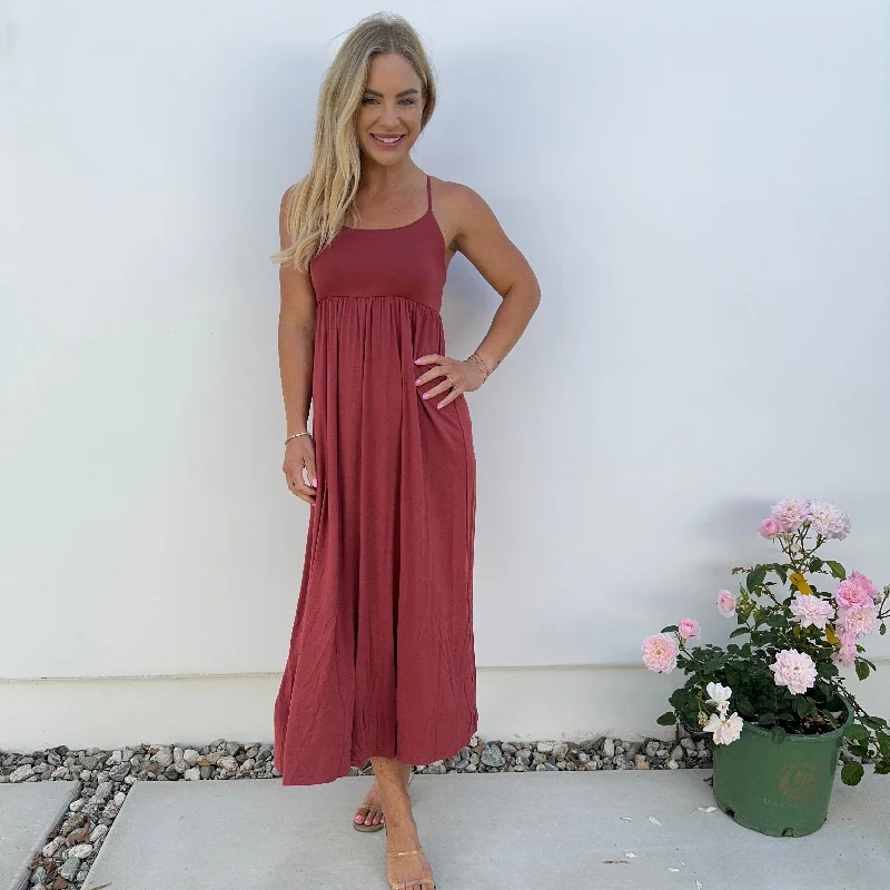 Cherished Comfort Jersey Ankle Maxi Dress in Brick