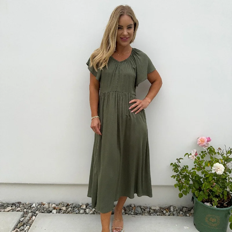 Dahlia Olive Short Sleeve Ankle Maxi Dress